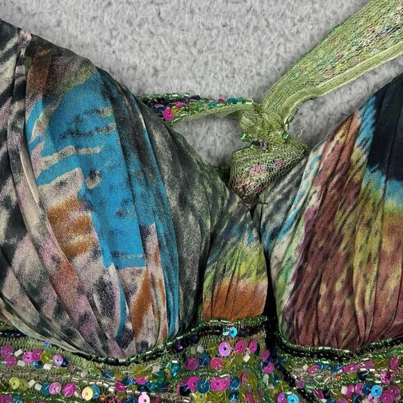 Jovani Women’s 2 Peacock Print Sequin Silk Open Back Halter Long Prom Gown Dress - Picture 12 of 12